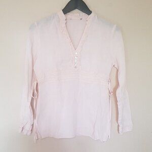 Edward Irish linen pink ruffled cottagecore Victorian  long sleeve blouse sz S
